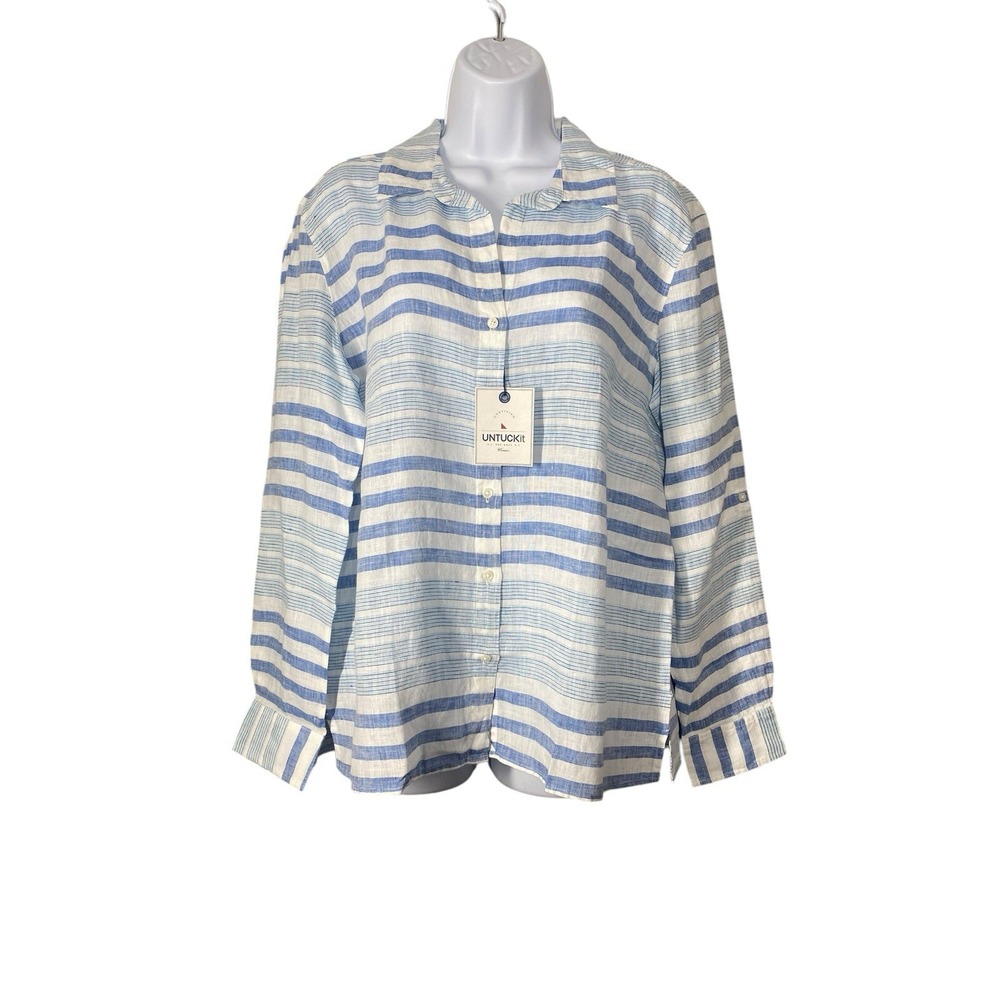 UNTUCKIT Womens Vietti Blue Striped Roll Tab Sleeves Button Up Linen Shirt SZ 14